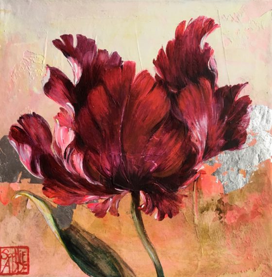 SA22 - La tulipe aux éclats d'argent (20x20 cm, acrylique réhaussé à la feuille d'argent sur toile, 120 euros)