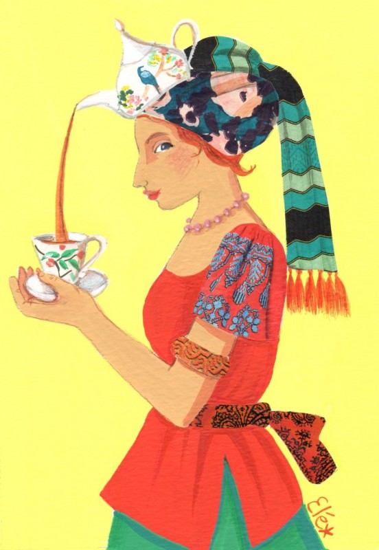 Elé80 - femme au turban, la théière (Illu. 12x17 cm, cadre 21x30 cm) 65 euros