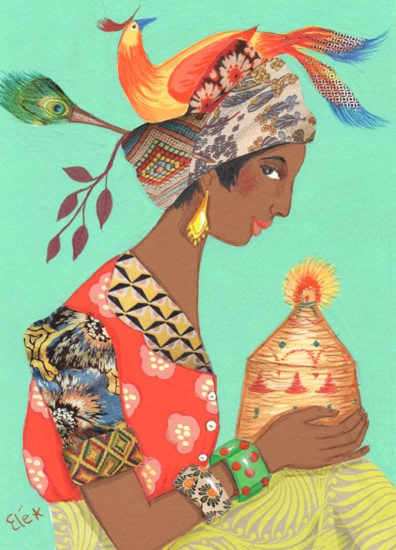 Elé85 - femme au turban, l'oiseau (Illu. 12x17 cm, cadre 21x30 cm) 65 euros